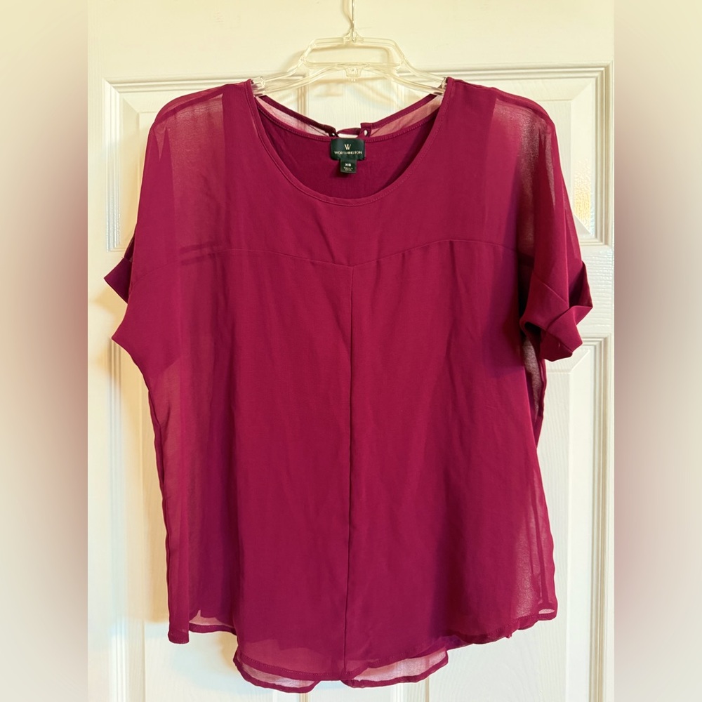 WORTHINGTON Women's Sheer Burgundy Blouse with Attached Tank Top XS